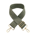 Close-up of olive green woven wide strap with gold metal lobster clasps and adjustment buckle - Light Military Green