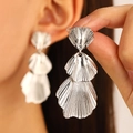 Detailed view of silver triple-layered shell drop earrings showing metallic texture - Three-Layer Shell Pendant Silver (11148)