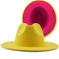 Tweekleurige wollen vilten gleufhoed met gele buitenkant en roze binnenkant voor dames en heren - M (56-58cm) / Geel/Rozerood