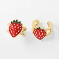 Gold plated ear cuff with red strawberry enamel charm and double ring clip design - Red Strawberry Ear Cuff (B)
