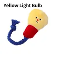 Yellow plush bulb dog toy with red striped base and blue durable cotton rope tail - Yellow