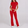 Women's two-piece casual set featuring a red short sleeve T-shirt and high waist flare pants - L / Red