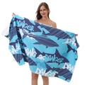 Double-sided microfiber beach towel with blue shark pattern and danger text design - B38-Fashion Shark Danger Letter