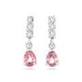 Detail of pear-cut pink gemstone earrings with three-stone diamond accents on silver - Pink Silver
