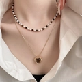 Collar de doble capa dorado con cuentas de colores y colgante de corazón ojo de tigre - 34# Collar - Conjunto de Dos Piezas Marrón (Estilo Corazón Doble Capa)