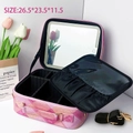 Pink quilted makeup case with LED mirror, adjustable dividers and portable shoulder strap - Patchwork Pink [LED Light]