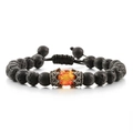 Detail of volcanic rock bead bracelet with silver crown setting and orange centerpiece - Style-06 Lava Stone