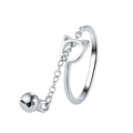 Chic silver hollow cat head opening ring with a dangling bell charm on white background - Cat Head with Bell