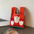 Cute knitted wrist bag with red tulips design and contrasting green base trim - Red Tulip
