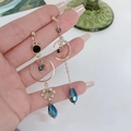 Elegant s925 asymmetric moon and water drop earrings with blue crystals and pearls - Silver Needle