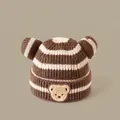 Toddler knit beanie featuring brown and beige stripes with cute 3D bear ears - 2 Months-2 Years / Striped Bear Hat Coffee