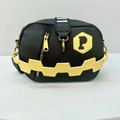 Minimalist black crossbody bag with yellow letter P patch and zigzag strap detail - Black