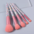 5-piece makeup brush set with diamond-textured handles in vibrant coral pink finish - Dusty Rose