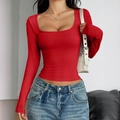 Y2K style red square neck long sleeve slim fit t-shirt worn with casual denim jeans - S / Red