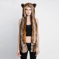 3-in-1 brown-grey faux fur animal ear hood scarf with integrated pocket gloves - Brown Orange Striped