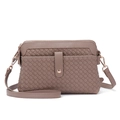 Brown hand-woven crossbody bag with dual pockets and adjustable strap on white background - Sand