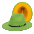 Detail of green fedora hat showing yellow lining, black leather band, and gold buckle - Fruit Green and Yellow