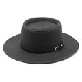 Detail of black woven boater hat with a leather strap and gold buckle accent - M (56-58cm) / Black