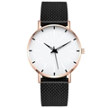 Detail of minimalist white dial and rose gold hands on a black mesh strap watch - Rose Gold Case Black Band White Dial Black Indices