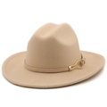 Classic beige wool felt fedora with a flat brim and leather band with gold buckle - M(56-58cm) / Beige