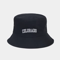 Black canvas bucket hat with white Colorado embroidery and metal side eyelets for ventilation - Black
