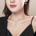Silver teardrop v-shaped pendant necklace and matching earring set with rhinestones - Pear Pendant V-Necklace Earring Set (DTN10026289S)