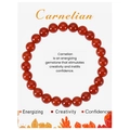 Natural 8mm carnelian beaded stretch bracelet on energy meaning display card - Red Agate