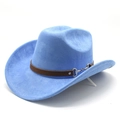 Detail of light blue suede cowboy hat with brown textured band and silver metal horsebit buckle - M(56-59CM) / Sky Blue (Suede)