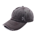 Detailed macro view of distressed charcoal denim baseball cap with frayed hole accents - One Size(Adjustable) / Dark Gray (Distressed Hole)