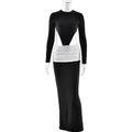 Abito lungo aderente a maniche lunghe con cut-out in vita e dettagli a pieghe bicolore - S / Nero