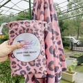 Pink leopard print sand-free beach towel set with matching drawstring storage pouch - Leopard Print (Single-sided Print with Cloth Bag)