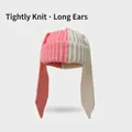 Pink and white patchwork knitted rabbit ear beanie for women with long decorative ears - One Size / Pink and White
