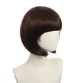 Detail of dark brown short bob wig with straight bangs on a mannequin display - Dark Brown