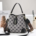 Retro monogram bucket bag with PU leather trim and adjustable wide shoulder strap for women - Black