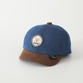 Kids baseball cap with bear embroidery and navy blue denim fabric with brown brim - Round Bear Patch / Coffee