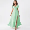 Elegant mint green chiffon bridesmaid dress with a V-neck, flutter sleeves, and high slit - US size 2 (S) / Bottoms / Mint Green