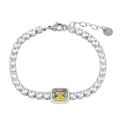 Vista detallada de pulsera de acero plateado con piedra amarilla de corte esmeralda y cierre - Acero Amarillo Circonita