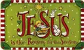 Macro detail of Christmas Jesus door mat with green background and candy cane border - 40*60cm / Christmas Decor-White Jesus