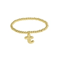 Polished 18k gold beaded stretch bracelet featuring a small hanging letter t pendant - Letter T
