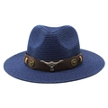 Vintage navy blue woven straw cowboy hat with leather band and metal bull head emblem - Navy Blue
