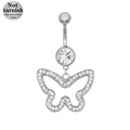 Detail of 316L surgical steel belly button ring with butterfly zircon pendant - Silver White Zircon Butterfly (24080101-6)