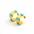 18K gold-plated C-shaped earrings with sky blue flower beads and hammered texture finish - Blue