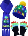 Ensemble de Noël LED bleu avec écharpe, bonnet et gants lumineux aux motifs festifs - Ensemble Bonnet & Écharpe Sapin de Noël Bleu