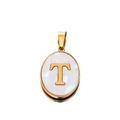 Detailed view of oval stainless steel pendant with white shell inlay and gold letter T - Gold Letter T