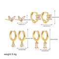 Detailed view of gold earrings set with zircon stones and precise size measurements - Gold Leaf 4 Pairs Set with White Zircon