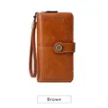 Cartera larga vintage marrón para mujer con bloqueo RFID, tallado floral y correa de muñeca - Marrón