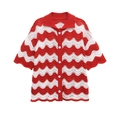 Women wave stripe knit short sleeve cardigan and shorts set with polo collar - S / Red Striped Top