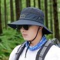 Men's navy blue wide brim sun hat with breathable mesh and adjustable drawstring - Embroidered Mountain Grey No Buckle