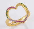 Bague cœur dorée ajustable ornée de zircons multicolores sertis en pavé scintillant - Cœur