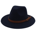 Classic dark navy wide brim fedora hat with brown leather belt and gold buckle - Navy Blue